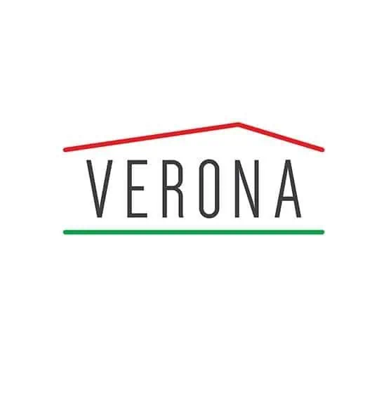 Eco-friendly Verona logo featuring red and green lines, representing sustainability and innovation.