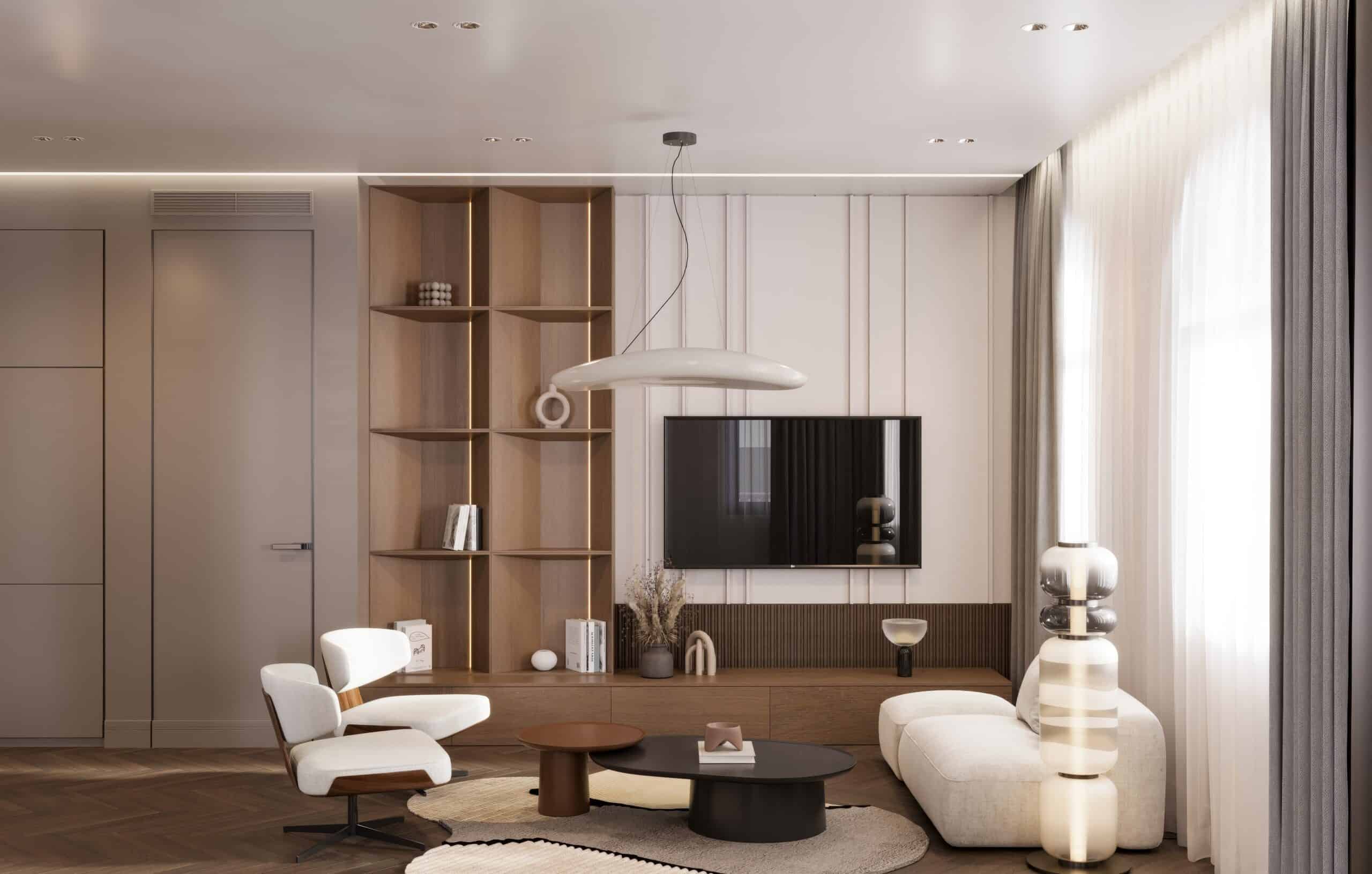 Stylish modern living room with minimalist decor, wooden accents, and contemporary furniture.