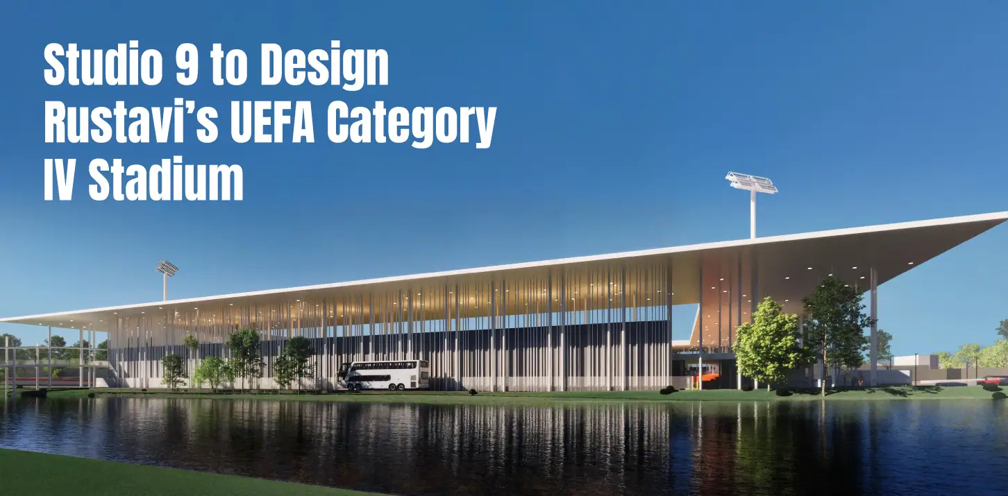 Modern sports stadium architectural design by Studio 9, located in Rustavi for UEFA competitions.