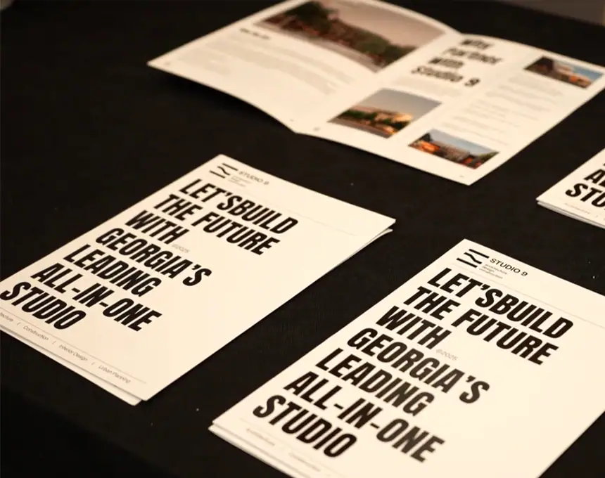 Modern studio brochures for Georgia's leading all-in-one design studio, highlighting innovative building and future-focused projects.