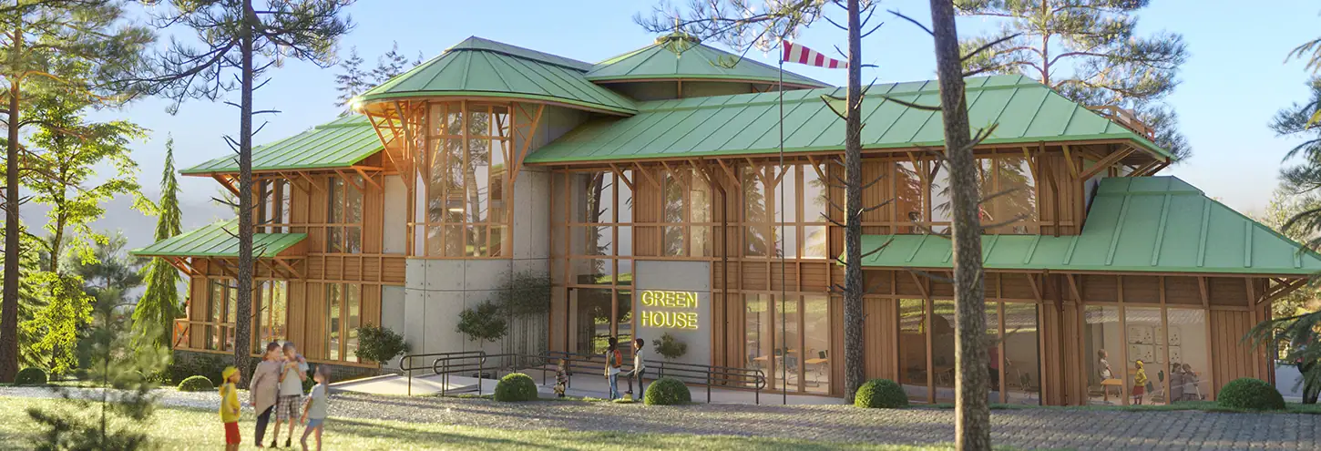 Eco-friendly green house with wooden accents, large windows, surrounded by trees, modern sustainable architecture.