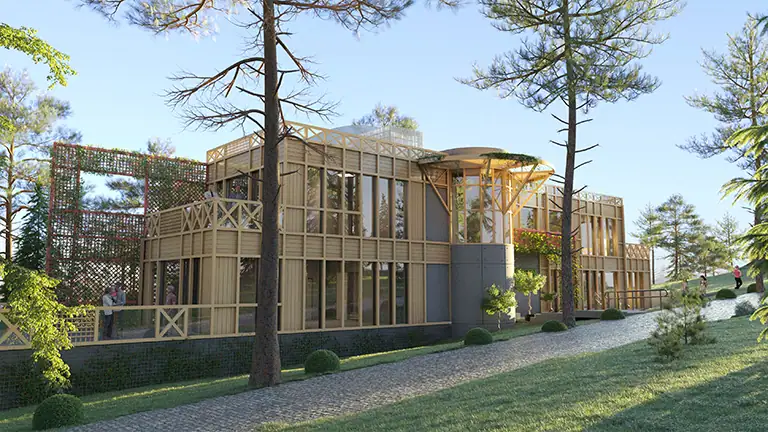 Modern architectural wooden building with large glass windows and outdoor greenery.