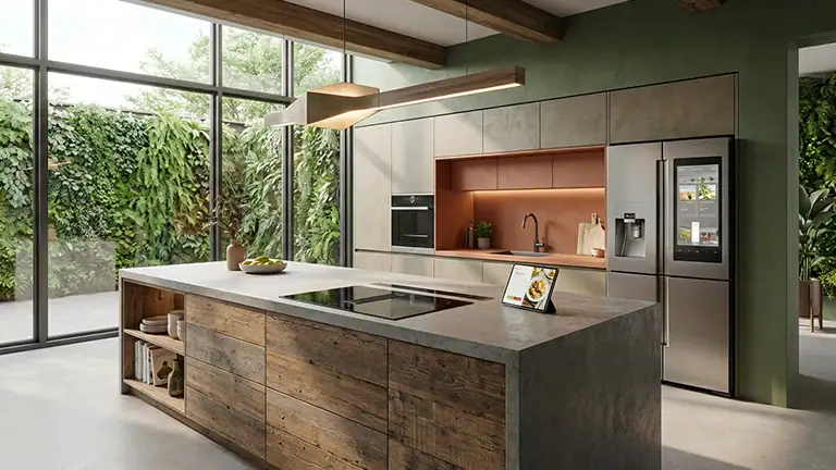 Sleek modern kitchen with minimalist design and natural wood accents for stylish home cooking.