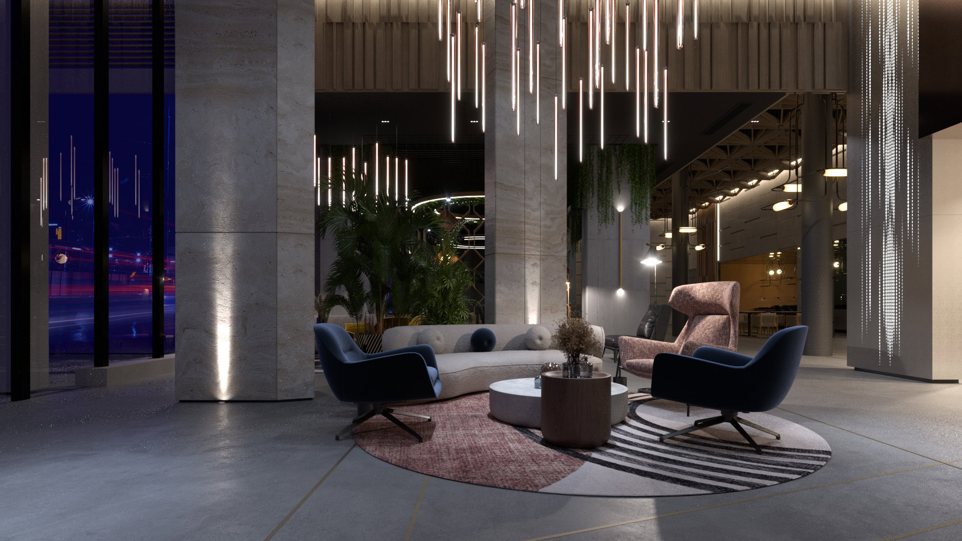 Stylish hotel lobby with contemporary furniture and lighting.