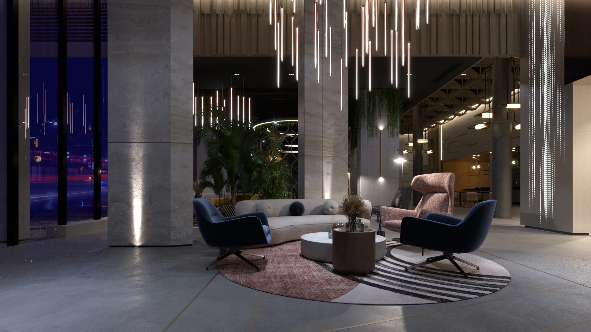 Stylish hotel lobby with contemporary furniture and lighting.