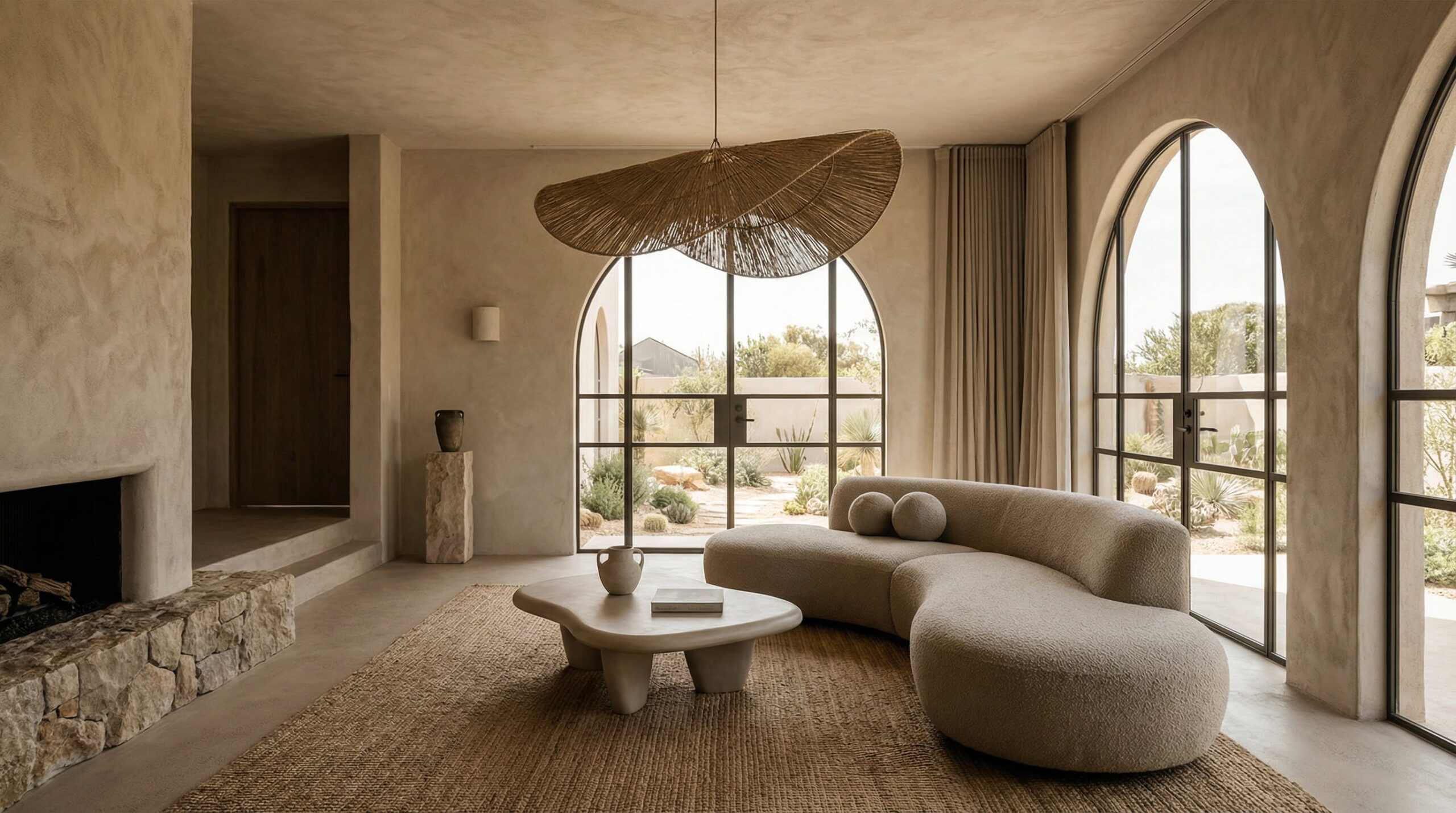 Elegant living room with large arched windows and minimalist decor.