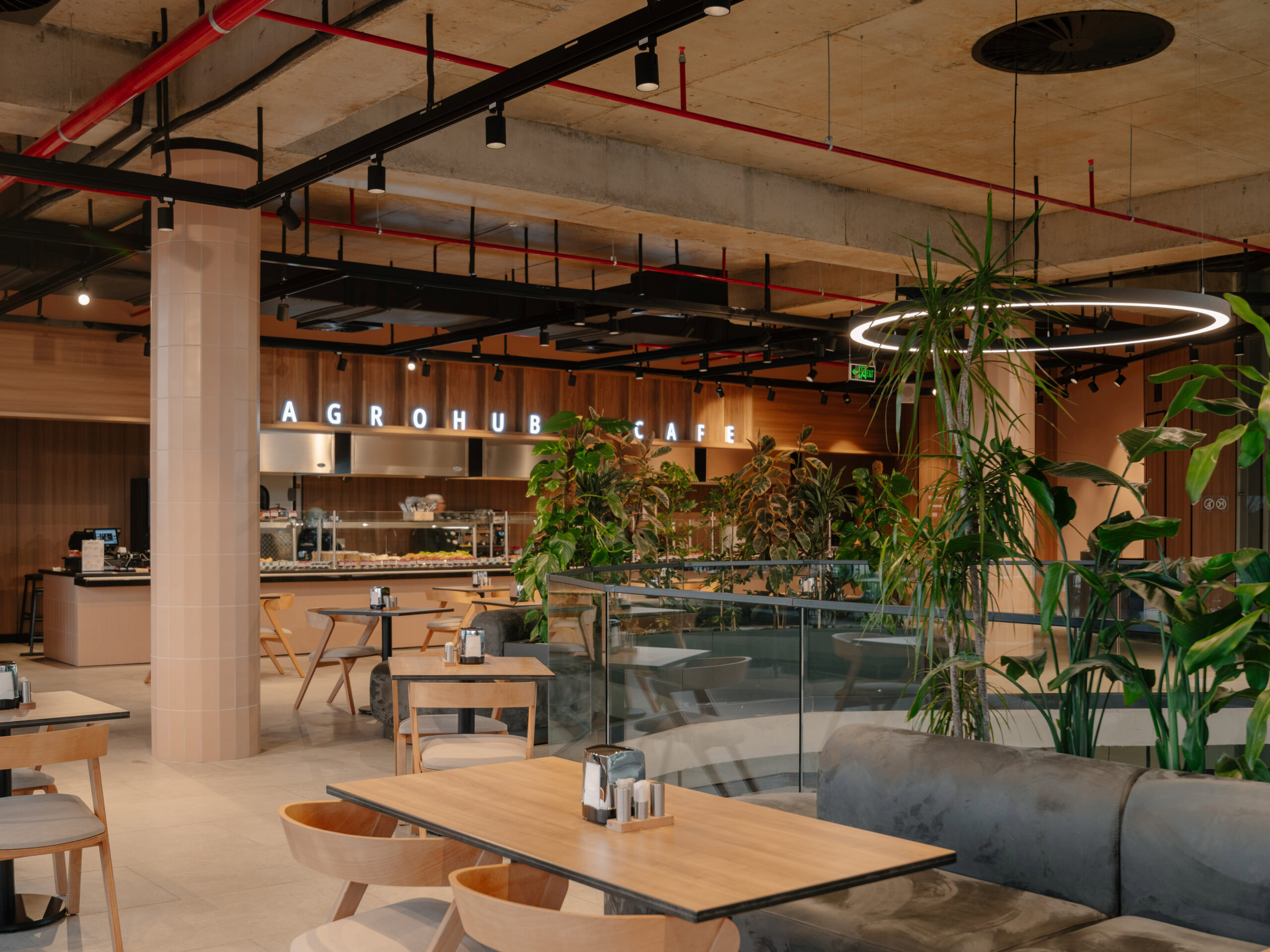 Modern cafe interior at Agrohub Kutaisi with stylish furniture and greenery.