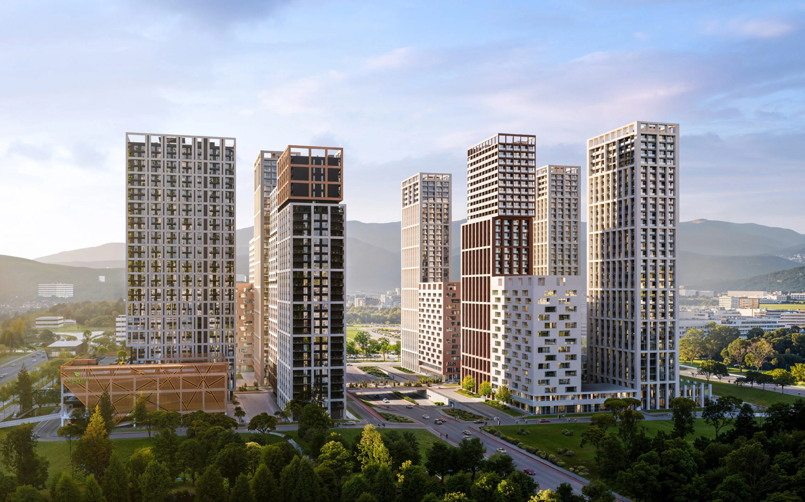 High-rise buildings in a cityscape with modern architecture and green surroundings.