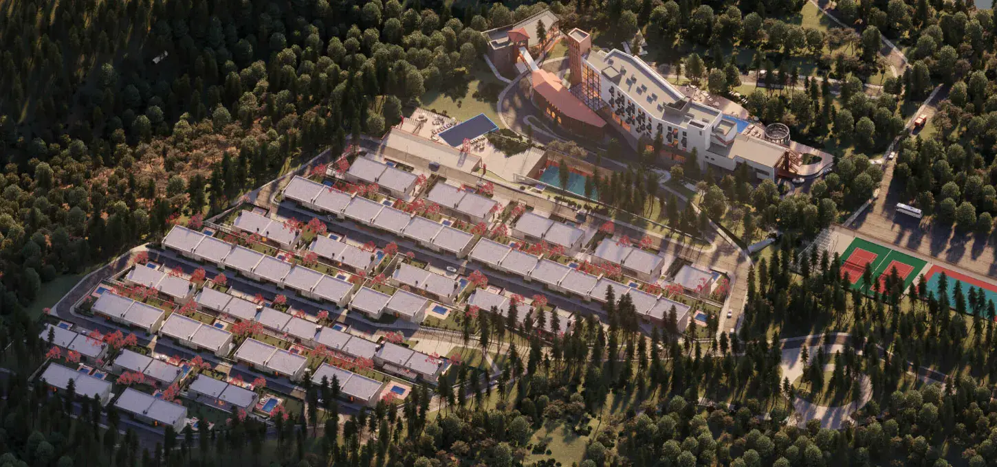 Aerial view of Studio 9 residential complex surrounded by greenery and trees in Tbilisi, Georgia.