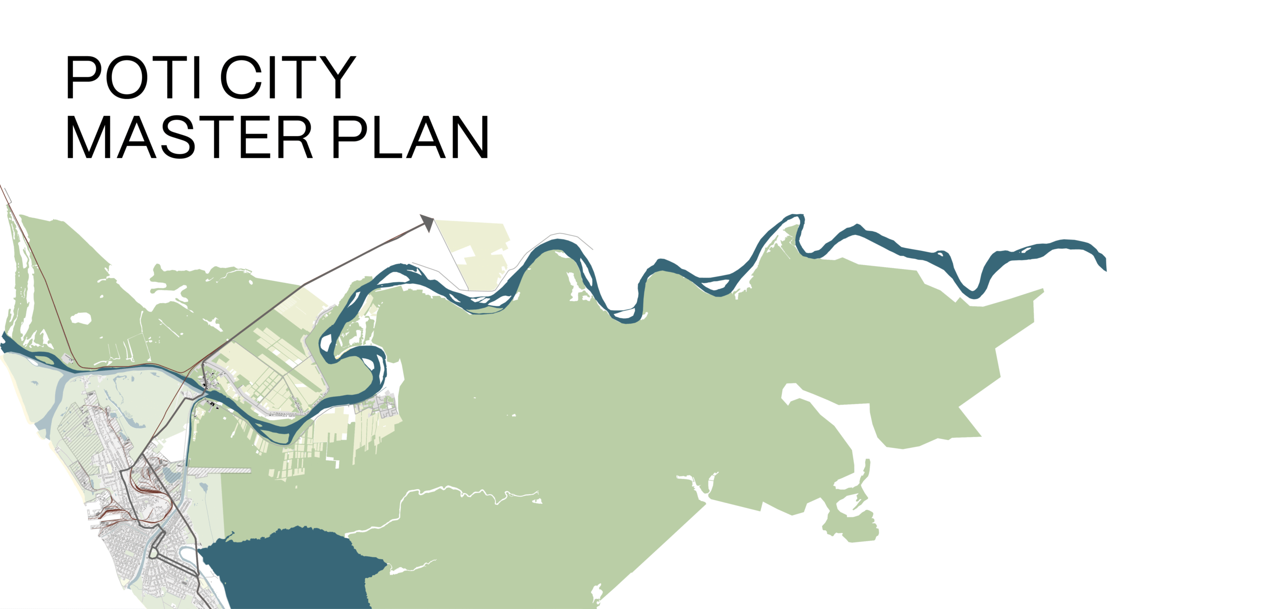 Pot City master plan map showing urban layout and river boundaries.