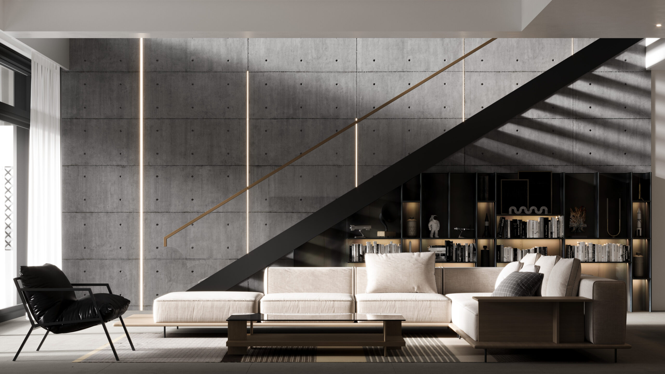Stylish modern villa interior with minimalist furniture and concrete walls.