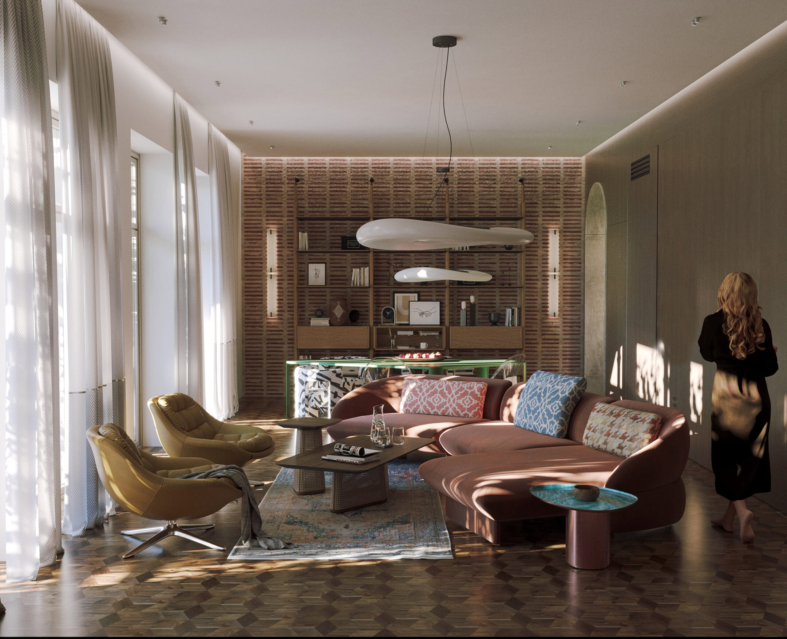 Modern living room with colorful sofas and unique lighting fixtures.