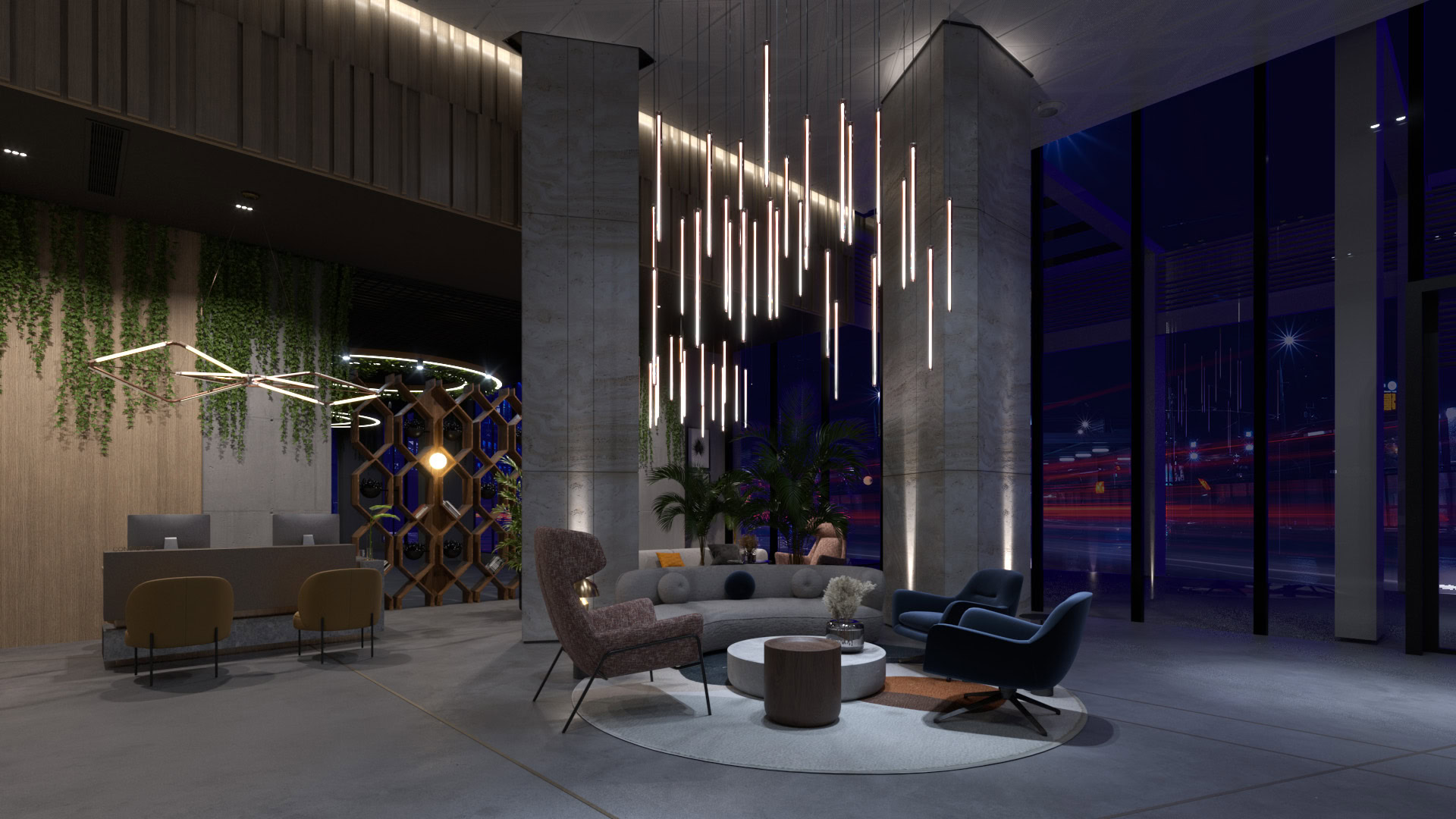Elegant hotel lobby with contemporary furniture and lighting at Crowne Plaza Spa & Resort.