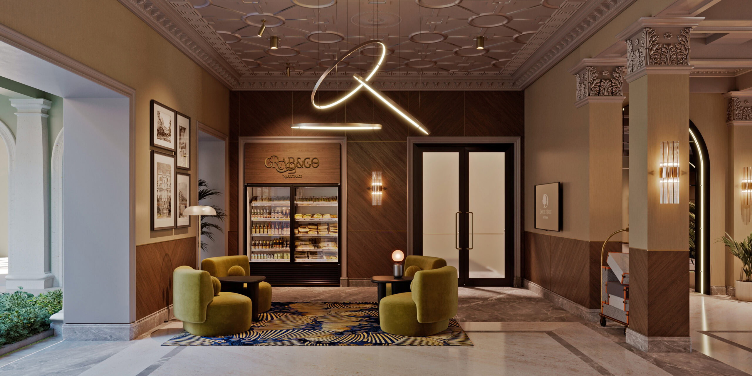 Modern hotel lobby with cozy seating and elegant decor at Studio 9.