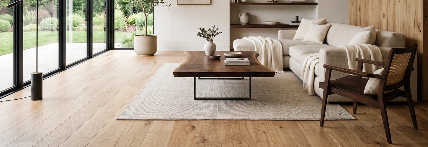 სუფთა და ნათელი ლივინგ რუმი, ხის flooring და თანამედროვე ავეჯი.