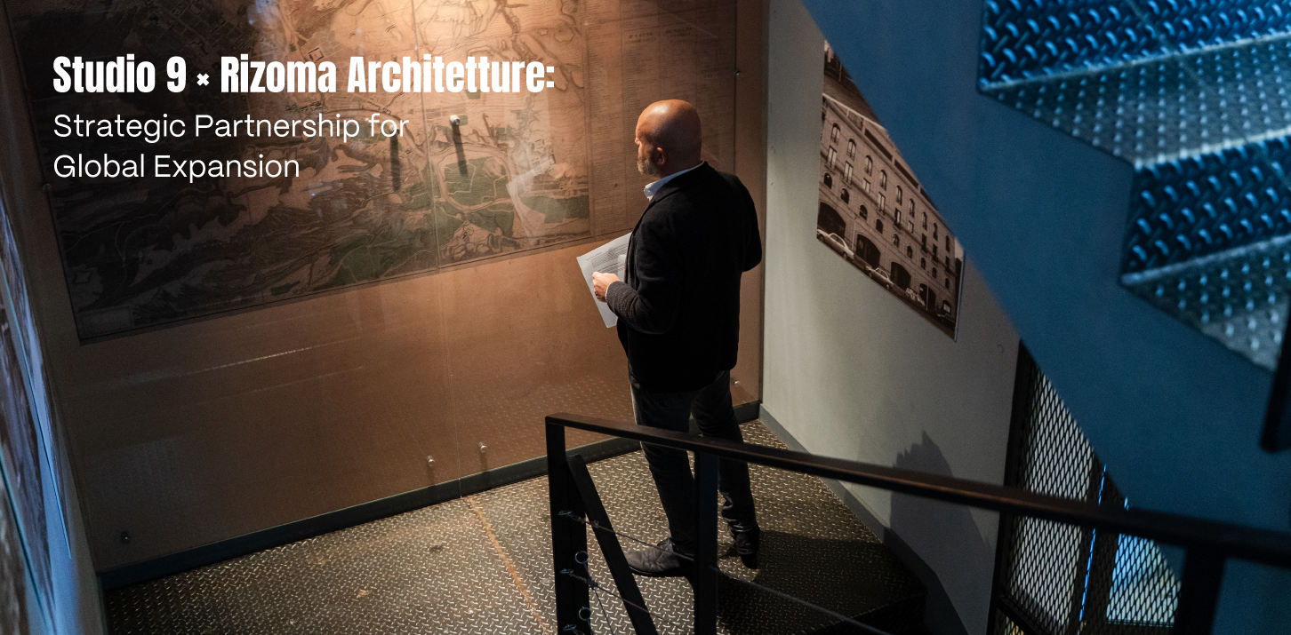 Man viewing Rizoma Architecture display at Studio 9 exhibition.